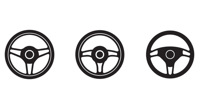 Three different steering wheel designs for cars and vehicles  various shapes and styles  simple icons