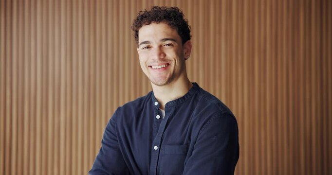 Face, business and man with smile in office for career pride, about us and real estate. Portrait, male person and happy with job ambition, auction representative and viewing for property development