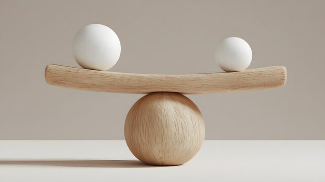 Conceptual image of balance and equilibrium represented by wooden spheres and a beam.