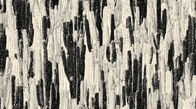 Seamless abstract pattern with vertical cactus silhouettes in black and white textured style