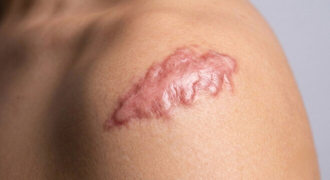 Raised Keloid Scar Tissue on Human Shoulder Skin.