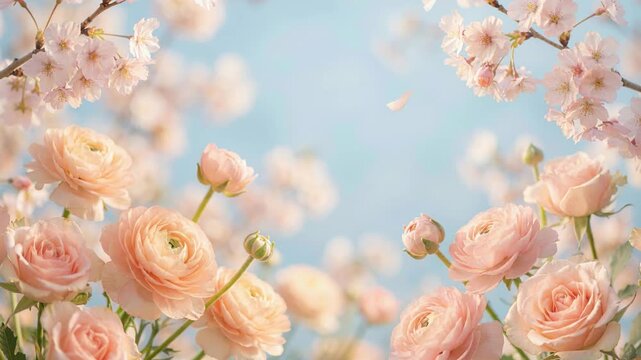 Beautiful blooming pastel pink flowers and cherry blossoms swaying gently against a blue sky