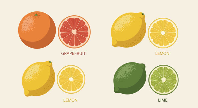 Assortment of Citrus Fruits: Grapefruit, Lemon, and Lime, Whole and Sliced