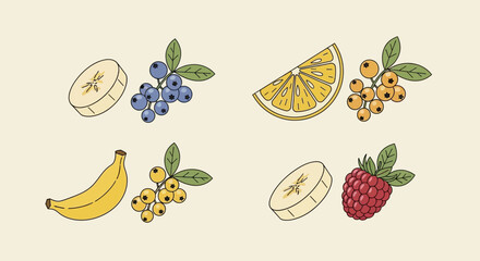 Fototapeta premium Assortment of Fresh Fruits: Bananas, Berries, Orange Slice, Raspberry, Currants