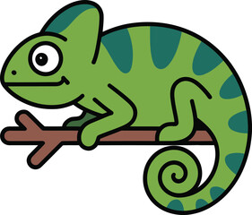 Fototapeta premium Cute green chameleon vector illustration on a branch, cartoon lizard character isolated on white background, tropical reptile flat design.