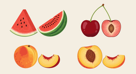 Fototapeta premium Assortment of Fresh Summer Fruits: Watermelon, Cherries, Peaches, and Slices