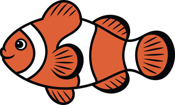 Cute clownfish vector illustration, cartoon anemone fish character swimming isolated on white background, marine life flat design.