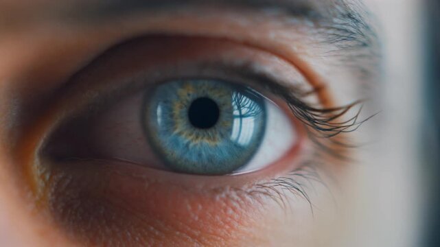 Close-up of a human eye with blue iris and detailed eyelashes against a blurred background