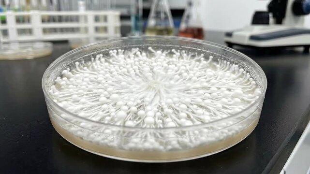 Mycelium radial growth agar packaging inspired sustainable mold network lab petri dish with white filamentous texture fungal colony filamentous