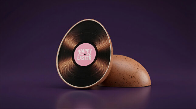 Premium 3D Musical Easter Concept with Vinyl Record Inside Brown Egg Shell on Purple Background