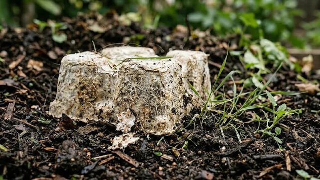 Mycelium packaging mushroom compost block decomposing garden soil creating organic texture and earthy atmosphere with small plants and grass