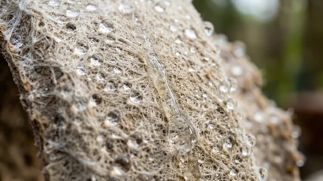 Mycelium packaging natural fiber water droplet biodegradable material texture with water droplets evoking earthy organic protection and sustainable