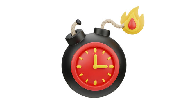 A 3d illustration of a bomb with a clock and a lit fuse on a transparent background