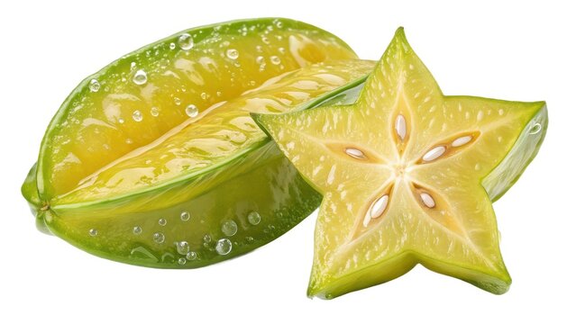 Fresh starfruit carambola slices with water droplets isolated on white background, exotic tropical fruit concept, healthy eating, hydration, food advertising, packaging design, menu visuals