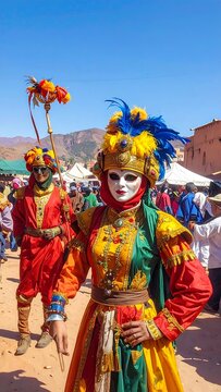 A vibrant street performer poses in a colorful costume