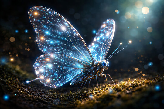 Futuristic Butterfly with Transparent Wings and Glowing Circuit Patterns