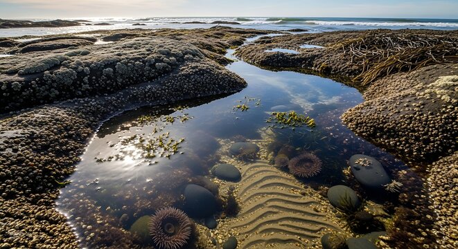 A serene natural scene of a rocky shoreline at low tide with clear water reflecting the sky and showcasing striped sand patterns among the rocks.