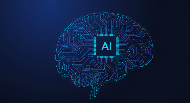 Brain circuit board with AI inscription