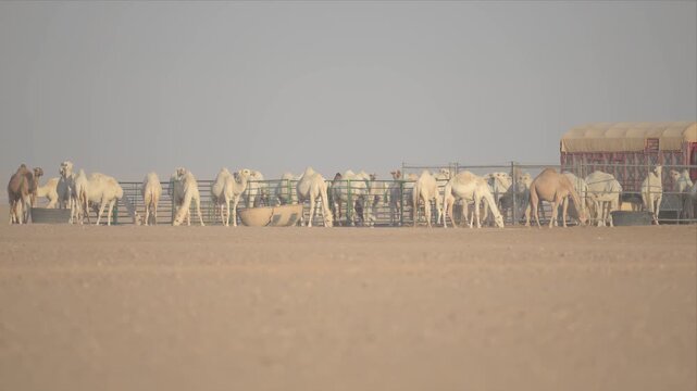 Video of camel stand calm in dusty desert landscape around the fense. Soft haze blankets wide, open terrain. Animals gathered near simple wooden fence. Scene suggests quiet, peaceful rural moment