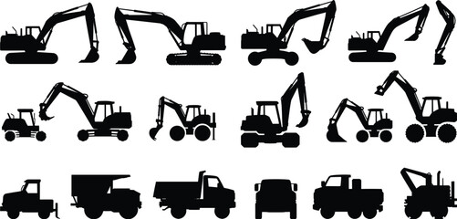 Silhouette collection of construction vehicles, excavators and bulldozers artwork, heavy machinery illustration, industrial equipment design inspiration © MDSHOFIQUL