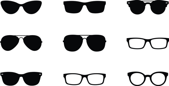 Set of black silhouette eyeglasses and sunglasses icons featuring various frame styles like aviator, wayfarer, cat-eye, and round optical frames