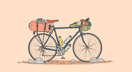 A bicycle loaded with luggage and bags stands on dirt road with rocks © womaura