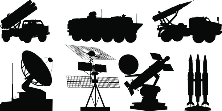Silhouette collection of military vehicles and defense systems, missile launcher and radar artwork, communication technology illustration inspiration