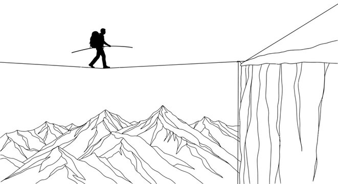 Person walks on highline over mountains with precipice