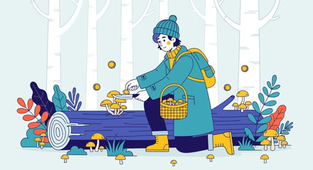 Woman sits on log collecting mushrooms in forest with basket and plants © womaura