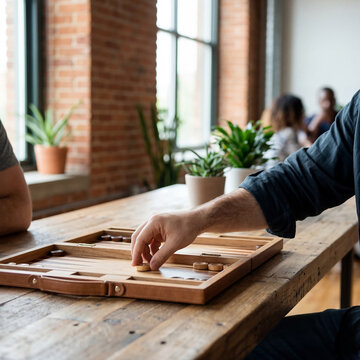 A man's hand moving a piece on a classic backgammon board during a friendly game.