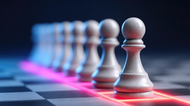 Close-Up View of Chess Pawns on a Board with Neon Lights and Low Depth of Field for Strategic Game Concept