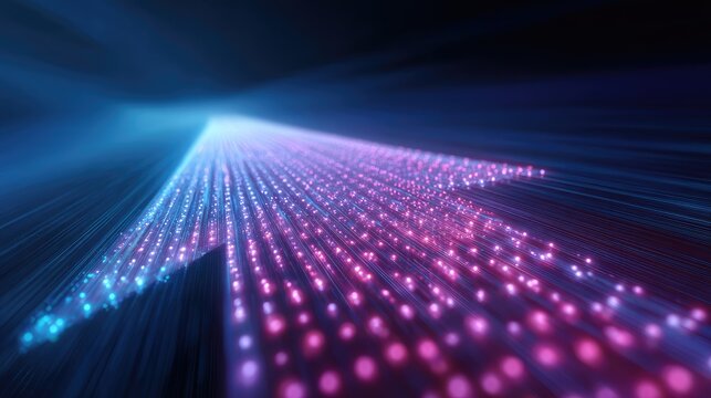 Digital Arrow with Colorful Lights Leading Towards a Bright Horizon in a Futuristic Abstract Background