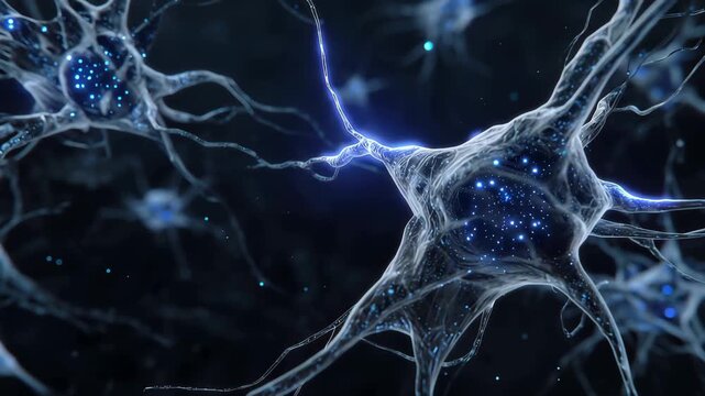 Neurons and their connections seen under a microscope in a dark environment during a scientific study of brain activity in a lab setting