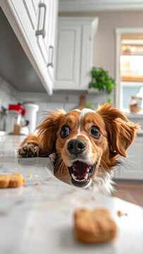 A dog hilariously sneaking a forbidden treat from the counter, displaying cautious movements and a dramatic gotcha reaction.