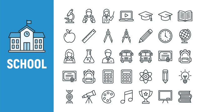 Collection of education icons featuring a school building and related symbols
