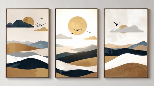 Minimalist mountain landscape triptych wall art with sun and birds in neutral gold navy and beige tones for interior design
