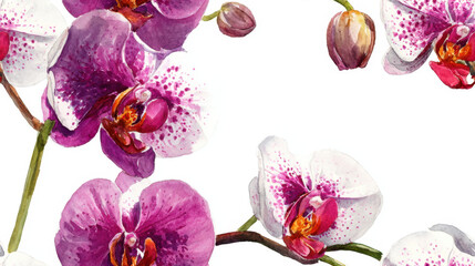 Obraz na płótnie Canvas Phalaenopsis orchid blooms in elegant watercolor for brochure botanical illustration 