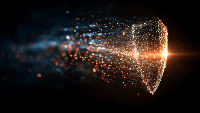 Data Protection Shield in Action: A dynamic display of a digital shield materializing from particles.