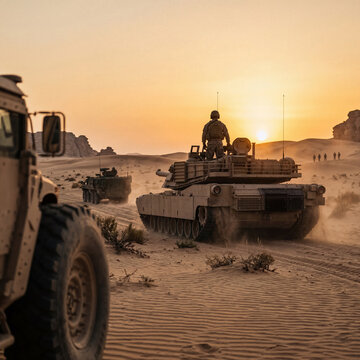 A powerful M1 Abrams tank and a Humvee convoy moving through a dusty desert landscape during a vibrant sunset.