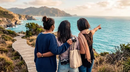 Fototapeten Mediterranes Europa Three diverse female friends walking on a scenic wooden path overlooking a stunning Mediterranean coastline at sunset.  © Esther