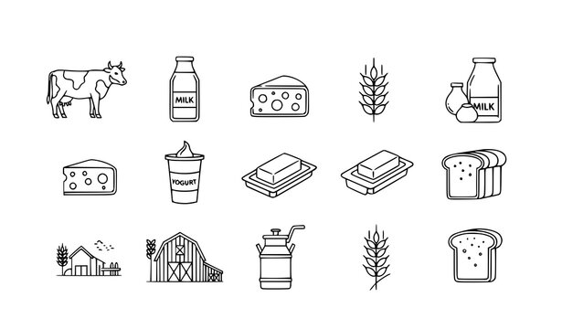 Dairy product icons cow milk cheese yogurt line vector set