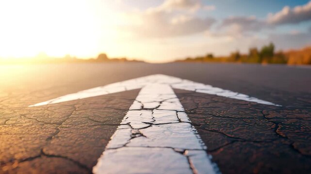 Cracked asphalt road with arrow marking leading towards sunrise in open landscape