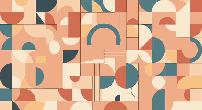 Seamless abstract geometric pattern consisting of overlapping semi-circles and rectangles in a soft palette of orange, blue, and cream colors.