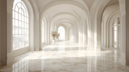 Obraz premium Elegant White Hallway with Arched Windows and Marble Floor.