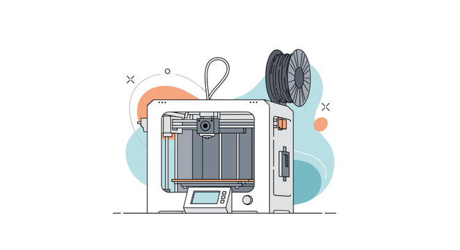 Modern 3D printer illustration showcasing the technology of additive manufacturing with a filament spool on a clean background.
