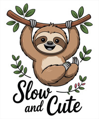 Fototapeta premium Happy cartoon sloth hanging from a tree branch with green leaves