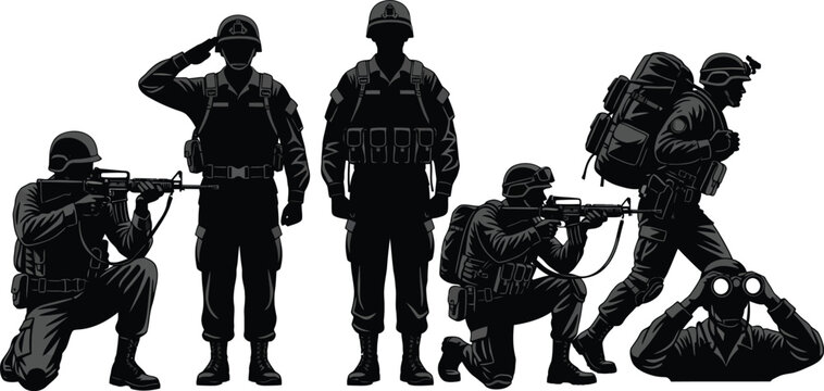 A detailed silhouette illustration featuring a group of soldiers in various combat postures today