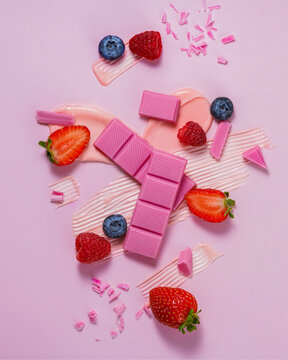 pink chocolate with berries. textures
