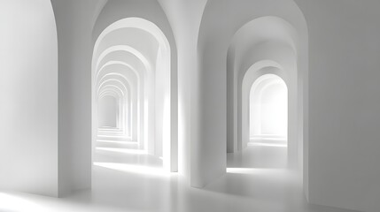Fototapeta premium Endless White Arches Hallway Perspective Light Rays.