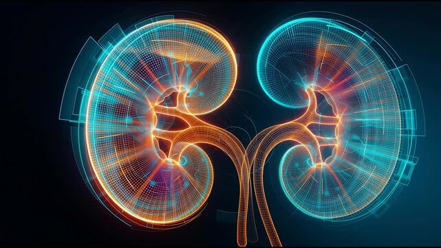 Futuristic Digital Kidney Anatomy with Glowing Neural Network and Vascular Structure, Medical Technology Illustration